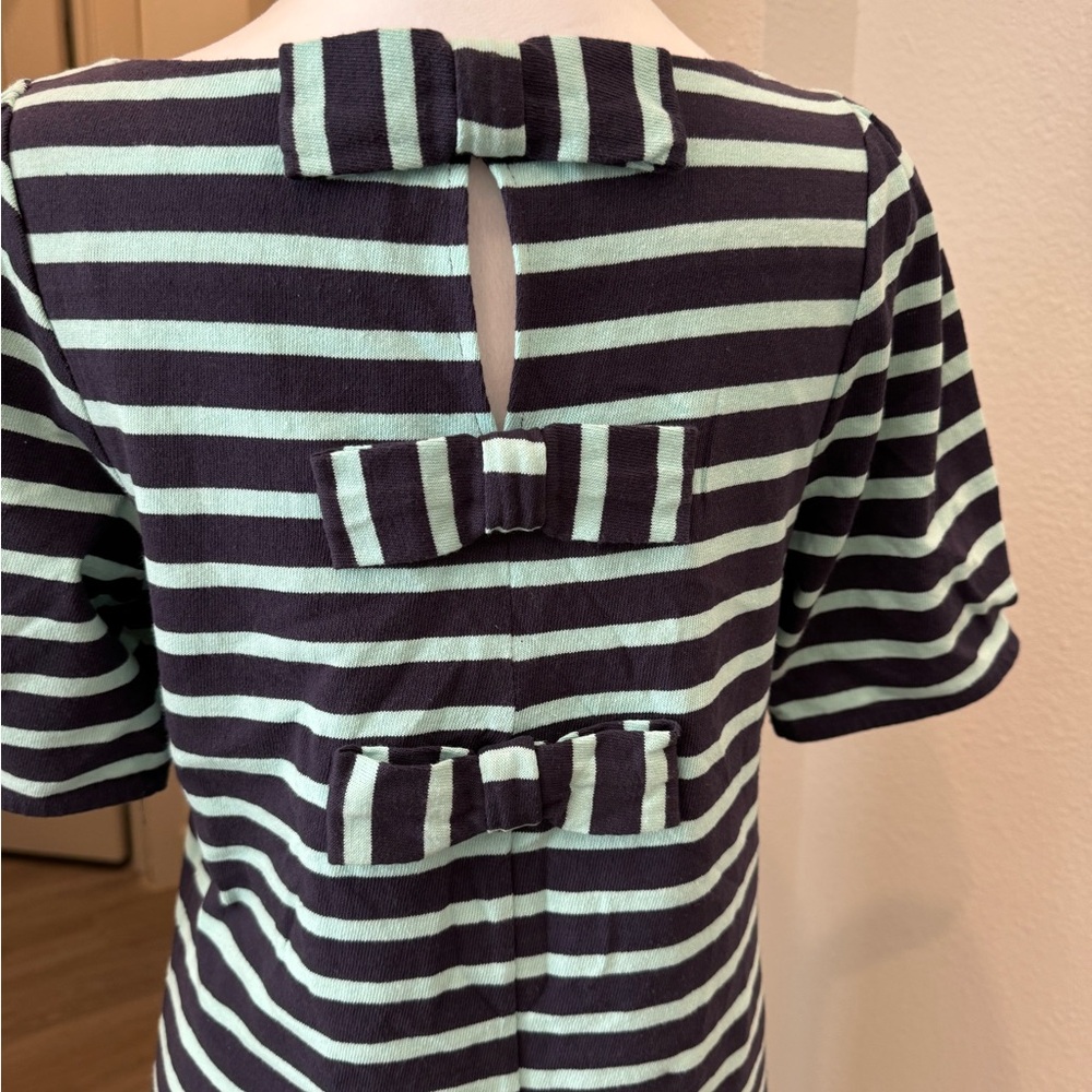 Anthropologie Postage Stamp knit striped dress 3 bow back navy teal boho S